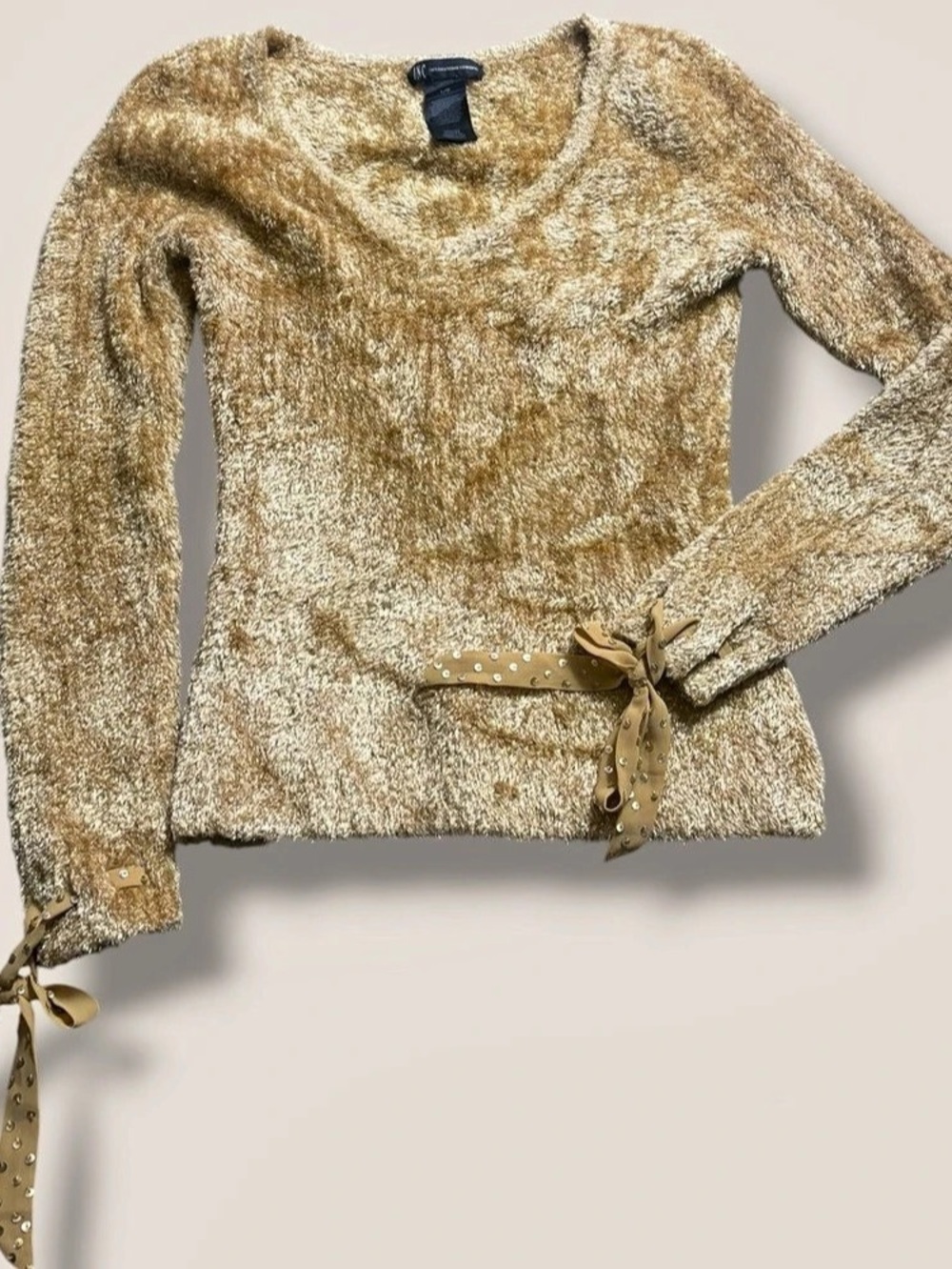 Vintage Y2K INC Teddy Velvet Gold Sequin Tie-Sleeve Sweater